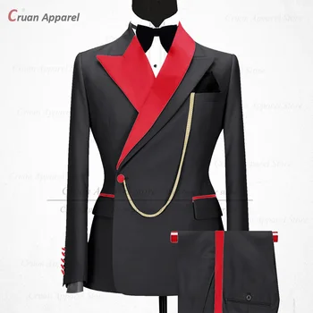 Най-новите черни костюми за мъже Slim Fit луксозен бизнес сватба смокинги по поръчка червено лъскаво яке яка с панталони 2 части комплект