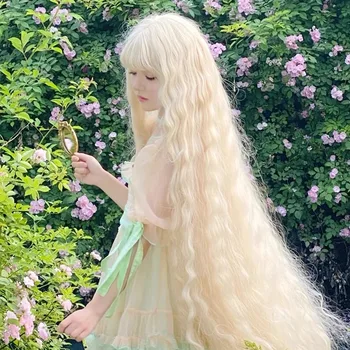 Нова синтетична перука дамски дълга коса лолита ултра дълга вода вълничка царевица ролка светло бяло злато модерен фея принцеса косплей