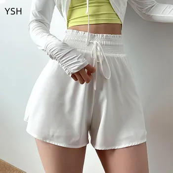 YUSHUHUA летни тънки шорти за бягане жени с висока талия фитнес волейболни шорти на открито 2 в 1 тичане двуслойни спортни шорти