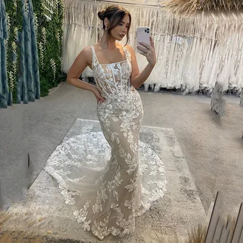 Русалка рокля секси без гръб дантела спагети каишка илюзия булката рокля квадратна врата сватбена рокля за жени vestidos de novia
